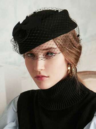 1 pieza Sombrero elegante estilo palacio vintage bohemio de unicolor para mujer, apto para uso diario y actividades, en estilo coreano, de azafata, británico, con moño, de malla, encaje, fieltro de lana, para primavera/verano