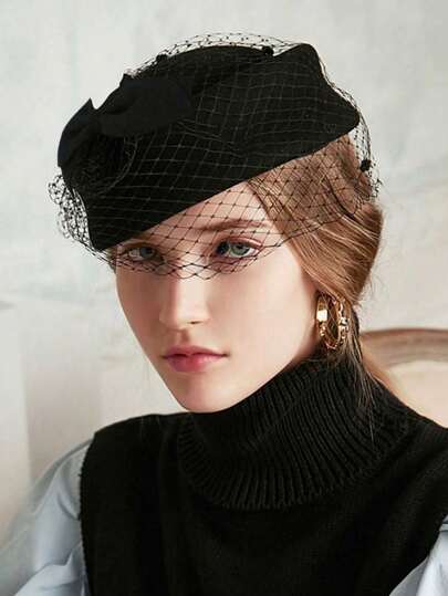 1pc Women's Solid Color Casual Bohemian Vintage Palace Style Party Elegant Hat, Spring/Summer, Korean, Flight Attendant, British Style, Bow, Mesh, Lace, Wool Felt, Suitable For Daily Outing And Activities