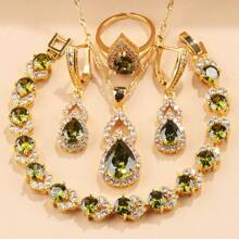 Elegant Luxury 5-Piece Jewelry Set: Synthetic Zirconia Teardrop Earrings, Pendant, Bracelet, Ring, Necklace - 18K Golden Plated Copper - Wedding, Christmas, All-Season Gift For Her