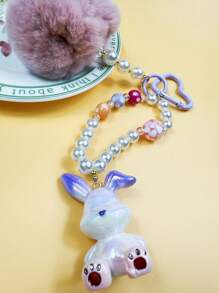 Creative DIY Cute Fresh Furry Pompom & Pearl Beaded Candy Color Rabbit Keychain Bag Pendant