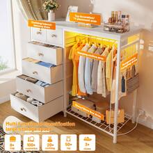 EnHomee 49.2" W Dresser For Bedroom With Hanging Rack 6 Drawers Dresser With LED Lights & Charging Station, Fabric Dressers & Chest Of Drawers With Clothes Rack, Wooden Top, Grid Panel, Closet, Milky White - View 3