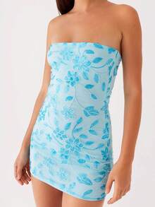 Women Sparkly Beaded Floral Tube Top Dress Slim Off Shoulder Sleeveless Open Back Sequin Mini Bodycon Dress - 藍色 - 查看 5