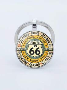 1pc 66 Highway Route - Retro Alloy Round Glass Pendant, Creative Gift For Festival Party, Travel Jewelry Lovers