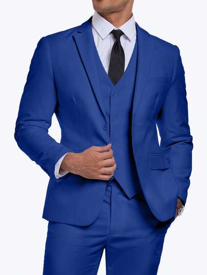 Furuyal Men's 3-Piece Elegant Suit Set, Men's Gentleman Solid Color Double-Breasted Slim-Fit Single-Breasted Wedding Suit Jacket, Vest, Trousers And Tie Set, Royal Blue, Size XS-3XL