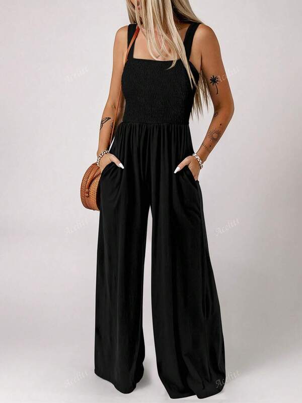 Acelitt Sommer Frauen einfarbiger eckiger Ausschnitt diagonal plissierter Patchwork Taschen Lässig Urlaub weite Beine ärmelloser Träger Jumpsuit