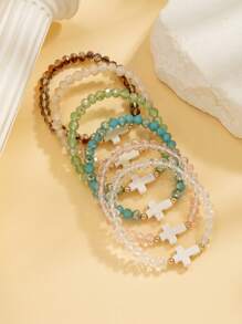 6pcs Turquoise Cross & Colorful Crystal Elastic Bracelets Set, Fashionable Multi-Pack Suitable For Women Daily Wear, Great Gift