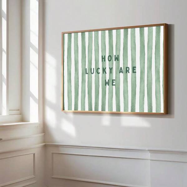 1 pezzo cartellone su tela con stampa di citazione minimale verde e strisce orizzontali "Quanto siamo fortunati", senza cornice, per decorazione di appartamento, soggiorno, camera da letto, casa moderna