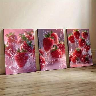 3 piezas de Póster de frutas con marco de madera, impresión de fresas, póster de frutas, decoración de pared de cocina, cartel de lienzo creativo, arte de pared de lienzo impermeable, pintura artística para regalo, decoración de pared para dormitorio y sala de estar, decoración del hogar y la habitación