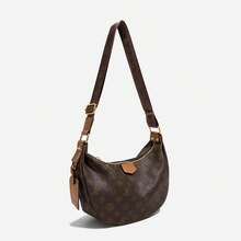 Women's Retro Crossbody Bag Dumpling Shaped Crescent Bag Color Blocking Large Capacity Zipper Closure Stylish For Commuting And Daily Use - Coffee With Brown - View 3