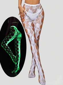 1pc White Glow-In-The-Dark Fishnet Stockings, Sexy Hollow Out Reflective Tights For Nightclub, Rave, Clubbing (Panties Not Included) - Multicolor - View 2