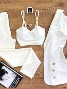 Conjunto Elegante de Tres Piezas para Mujer – Blazer, Top y Pantalón a Juego – Estilo Formal y Casual con Detalles de Perlas - Blanco - Ver 2