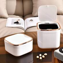 Square Press Type Mini Trash Can Quiet Close Elegant Ribbed Design With Golden Accents Plastic Desktop Bin Bathroom Home Use