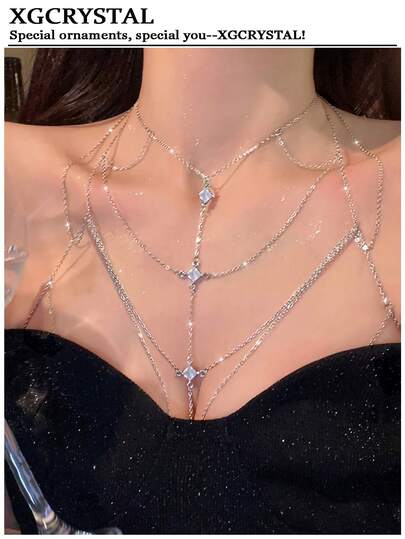 1 件女士性感锆石流苏多层胸链身体链，闪亮镂空设计时尚项链，适合生日派对、宴会、舞会、新娘婚礼、沙滩比基尼配饰