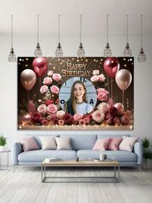 1pc Personalized Birthday Banner With Customizable Photo, Gold And Pink Floral Design, Entrance And Room Celebration Decorations, Ideal Gift For Family, Friends, Girlfriends, Holiday Decorations|Holiday Spirit|Polyester Banner, Perfect Teenager Gift, Durable, Suitable For Parties, Photo Booth Props And Celebrations, Home Decor, No Electricity Needed, Reusable, Three Sizes To Choose From Back To School