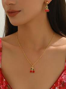 3pcs Set Summer Elegant Metallic Delicate Cherry Necklace & Earrings Jewelry Set, Suitable For Daily Wear Or Gift