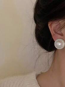 1 pieza Pendientes decorados con perla de estilo vintage, diseño elegante y minimalista