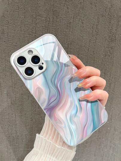 1pc Fashionable & Unique Gradient Curved Line Pattern Tempered Glass Phone Case, Compatible With IPhone 16 Pro Max/15/14 Plus/13/12/11/XR/8P And Galaxy S25/S24/S23 Ultra/S22/S20/Note20/Note10/A56/A53/A34/A14/A11/A05/A03S Waterproof Shockproof Anti-Fall Scratch Resistant
