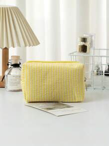 1 pieza de bolsa de maquillaje de seersucker, una bolsa de tocador de gran capacidad para llevar en la mano, bolsa de almacenamiento de cosméticos de viaje con bordado a rayas, esencial de viaje para vacaciones, verano, vuelta al colegio, bolsa escolar, bolsa de viaje para mujeres, bolsa de maquillaje para viajes