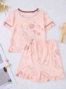 Set de 2 piezas Pijamas de manga corta para niños, nuevos pijamas de verano ligeros con cuello redondo y estampado de capibaras de dibujos animados abstractos, aptos para uso al aire libre, de niña pequeña a adolescente