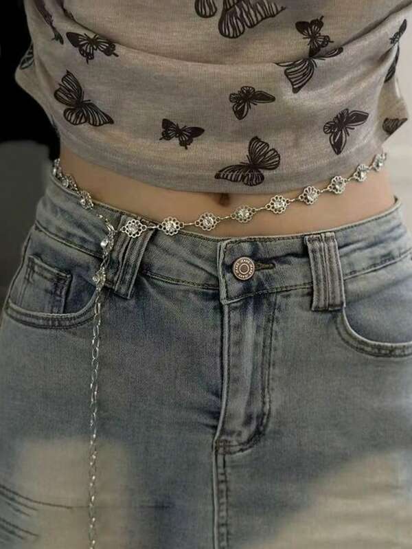 Floral Single Diamond Waist Chain, Fashion Versatile Alloy Diamond Dress & Suit Waist Belt For Women