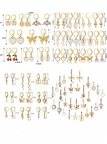 16/18/24/30pcs Rhinestone Faux Pearl Butterfly, Heart, Star, Snake, Rose, Daisy, Shell Women Earring Set, Elegant Gift For Vacation, Party, Daily Matching