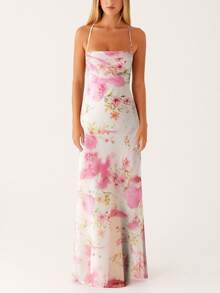 Womens Summer Floral Spaghetti Straps Maxi Dress Sexy Sleeveless Square Neck Low Cut Backless Bodycon Long Dress Y2k Wedding Guest Beach Party Long Dresses - Màu be - Xem 2