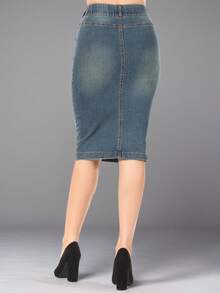 Women Elastic Wasit Band Skirt  Plain  Casual  Denim  Zipper  Pocket - Rửa cổ điển - Xem 4