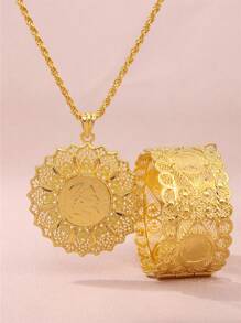 1 Set Middle East Style Fashion Palace Hollowed-Out Sunflower Round Pendant Necklace, Matching Napoleon Coin Portrait Engraved Adjustable Bangle, Suitable For Wedding, Party, And Event Wear