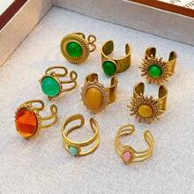 Multi-Piece Set Of Elegant 18K Gold Plated Stainless Steel Faux Gemstone Rings For Women, Fashion Jewelry Accessories, Luxury Party Wear, Vintage Middle Eastern Dubai Jewelry, Adjustable Rings
