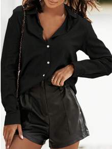 Women's Cotton Linen Blouse Long Sleeves Plus Size - Black - View 3