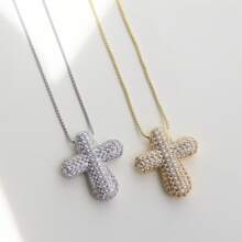 Fashionable Brass Fully Rhinestoned Bubble Cross Pendant Necklace, Elegant Collar Bone Necklace, Premium Jewelry