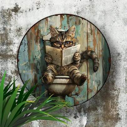 1 Biển hiệu kim loại tròn 2D 8 inch bằng sắt ngộ nghĩnh - Chủ đề mèo Aegean, Kiểu lỗ ngẫu nhiên, Không phát sáng, Không cần nguồn điện. Lý tưởng cho trang trí nội thất gia đình và sân vườn ngoài trời