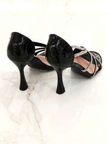 Revreal Boho Glam Summer Patent Heels With Rhinestone Straps – Vintage Chic Vibes Elegant Wedding - Black - View 4