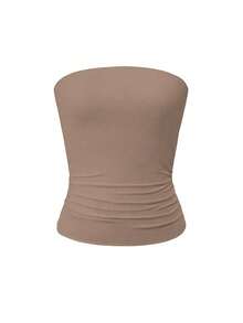 Vaiaye Women's Seamless Strapless Solid Color Elastic Fitted Camisole, Fashionable Strapless Basic Tank Top For Spring & Summer - Khaki - View 3