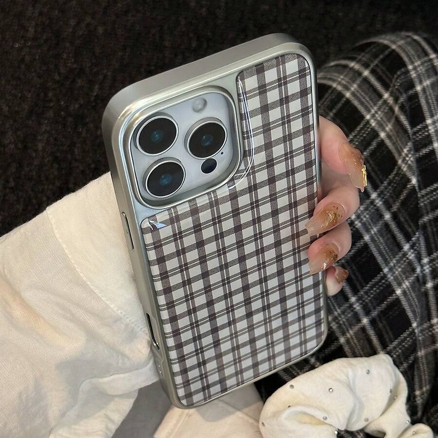 条纹单件 GUCADI 格纹图案韩国可爱闪光电镀边缘手机壳适用于苹果 16/15/14/13 系列