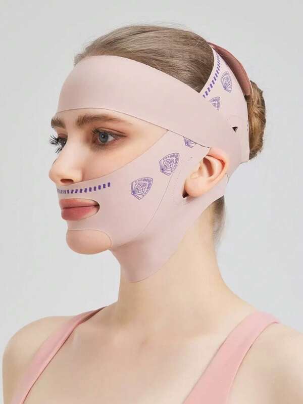 Faixa de emagrecimento facial em formato de V, padrão aleatório, faixa elástica respirável para modelagem facial, máscara de dormir inodora, adequada para modelagem do maxilar, para uso doméstico