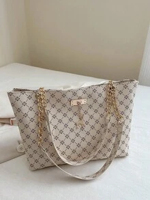 Bolso de mano de gran capacidad para mujer, bolso de hombro con cadena elegante, nueva bolsa de moda para debajo del brazo, bolso de lino retro - Blanco 2 - Ver 3