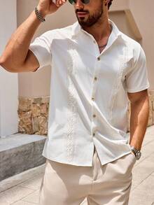 男士休闲纽扣短袖夏季沙滩衬衫 - 白色 - 查看 6
