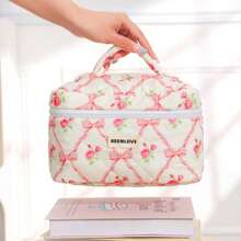 Borsetta trucco carina con stampa a fiocco e ciliegie, borsa cosmetica imbottita in tela stampata floreale di alta qualità con grande capacità, borsa portatile per vacanze, spiaggia, bagno, camera da letto, grande capacità