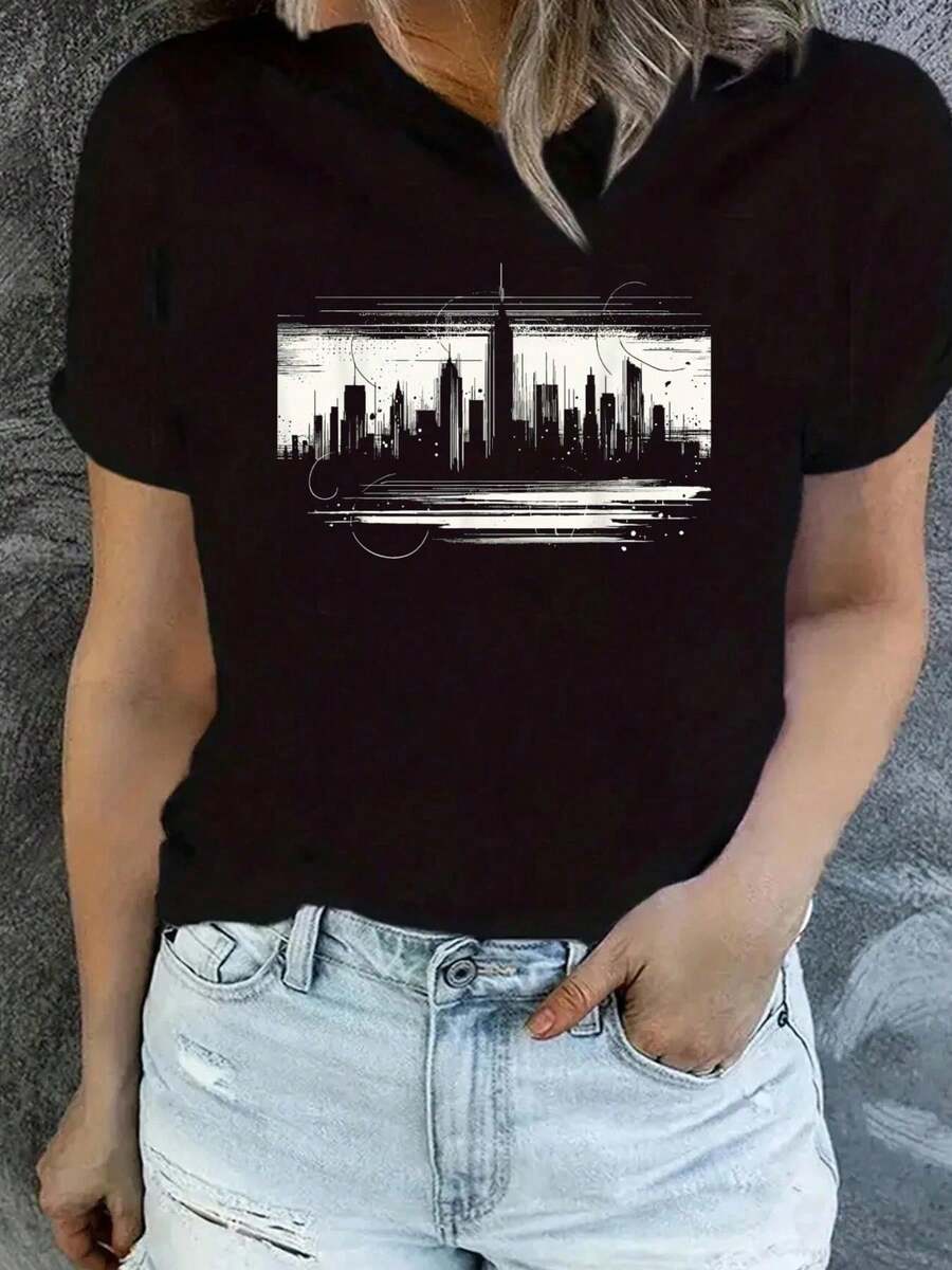 City Skyline Minimalist Abstract Design T-Shirt - Black - View 1