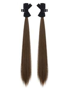 2pcs Synthetic Bow Ponytail Wig Kid's Claw Clip Big Wave/Straight Ponytail Hair Natural Hair Piece For Children Daily Party - 自然黑 - 查看 8