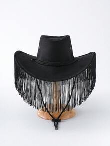 1pc Women's Boho Fringe Black Solid Color Western Cowboy Hat, Outdoor Sun Protection, Suitable For Rave Outfits, Festivals, Dance Shows - Tassel - View 4