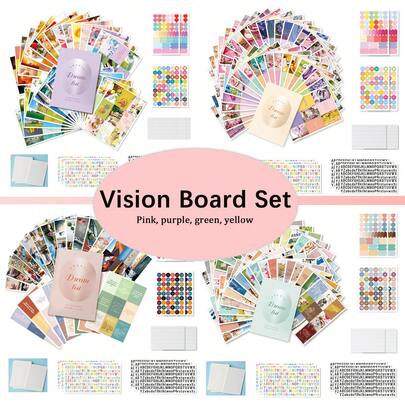 彩色愿景板套装 - 女性愿景板用品、540 片励志名言与字母贴纸包、DIY 愿景板、可视化每日和假期计划、剪贴簿套件和杂志、启发和创造人生目标、公告板用品、学校和家庭必需品、返校（粉色、紫色、绿色、黄色）