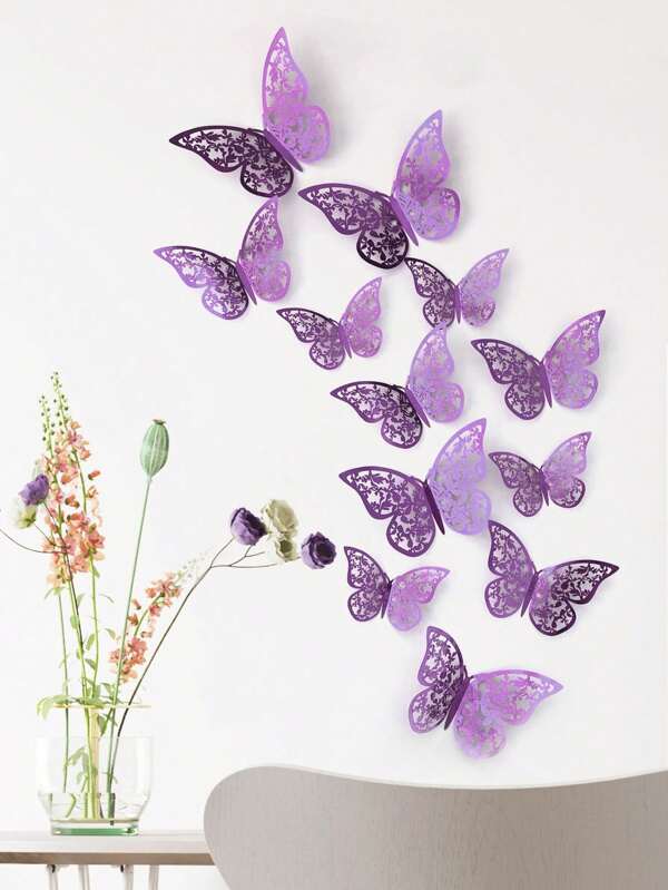 12pcs/Pack Holographic Laser Reflective Multi-Color 3D Hollow Butterfly Stickers (Blue, Purple, Green, Etc) Wall Decor Room Decor Personalised Stickers