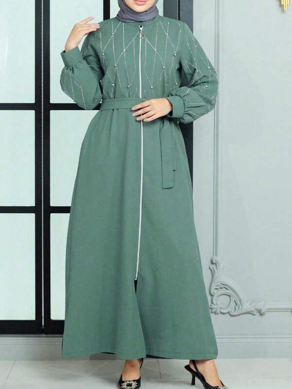 Abito elegante da donna in colore unito stile abaya turco, con maniche lunghe, dettagli con chiusura lampo, lavabile in lavatrice