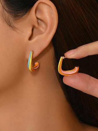 2 件时尚简约波西米亚 C 形彩虹圈，绳索纹理 DIY 手绘优雅夏季度假派对耳环，适合喜欢简约风格的女性，骄傲月礼物