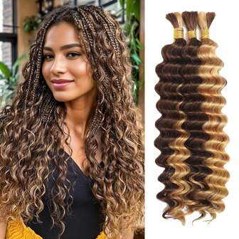 Deep Wave Human Hair Bulks For Braiding Boho Braids 16-24 Inch Curly Human Hair Extensions Natural Color No Weft 3 Bundles/Pack 100g