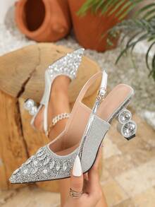 Women's Crystal Pointed Toe Fabric Outdoor Party Shoes - Silver - View 2