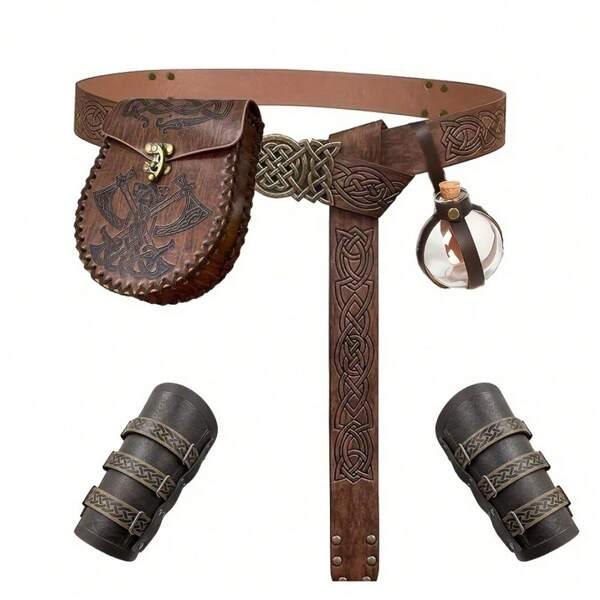 5 peças/conjunto Cinto medieval renascentista em relevo, bolsa de cintura nórdico em relevo, pulseira de Pu vintage, conjunto de bolsa de cintura de garrafa de vidro LARP