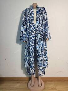 2 Pieces Set: Full Print Open Front Long Coat And Loose Palazzo Long Pants, Modest